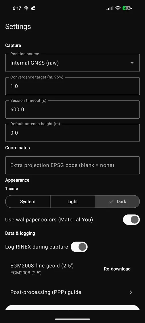 Ground Truth settings screen: capture options, coordinate systems, theme selection, and RINEX logging in dark theme